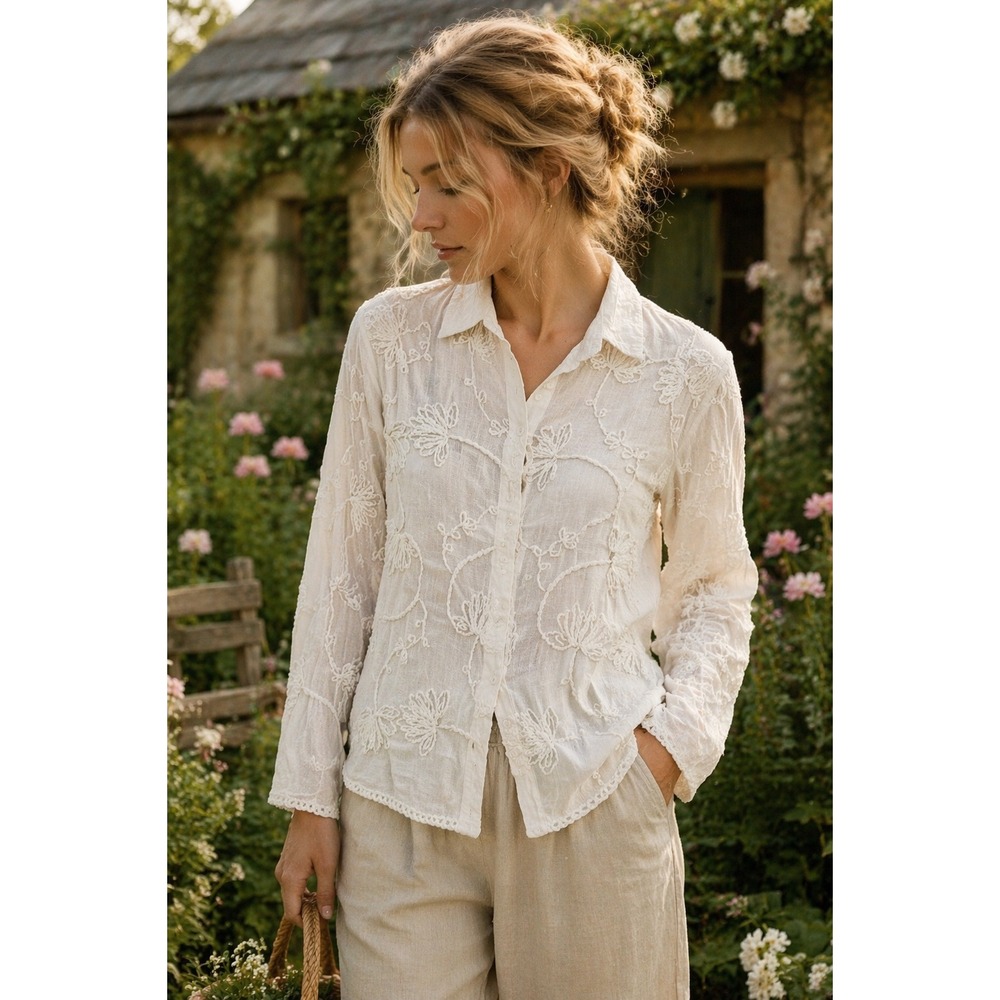 Sapphire Collection White Cotton Floral Embroidered Button Down Shirt Womens M